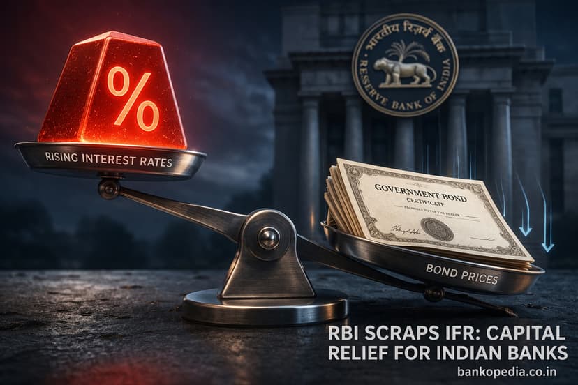 Photorealistic 3D financial illustration of a metallic balance scale on a dark slate surface, with a glowing red percentage-shaped weight on one side and a stack of government bond certificates on the other, symbolizing the impact of interest rates and capital relief for Indian banks. White text in the bottom-right reads “RBI SCRAPS IFR: CAPITAL RELIEF FOR INDIAN BANKS” and “bankopedia.co.in”