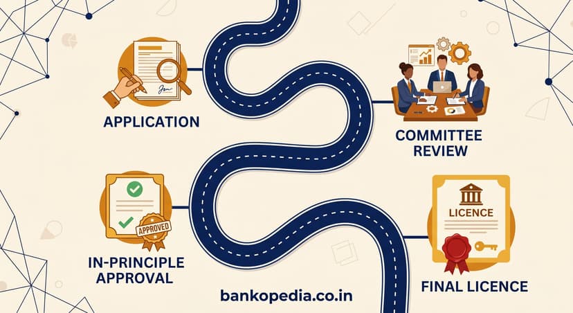 A minimalist, top-down infographic roadmap illustrating the RBI universal bank licence process. A winding path connects four key milestones: Application, Committee Review, In-Principle Approval, and Final Licence, each marked with descriptive icons. Features a 'bankopedia.co.in' watermark at the bottom.