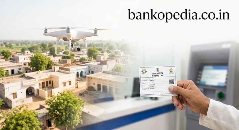A hand holding a SVAMITVA property card with a drone mapping a rural Indian village and a bank ATM in the background, illustrating financial inclusion and rural credit access.