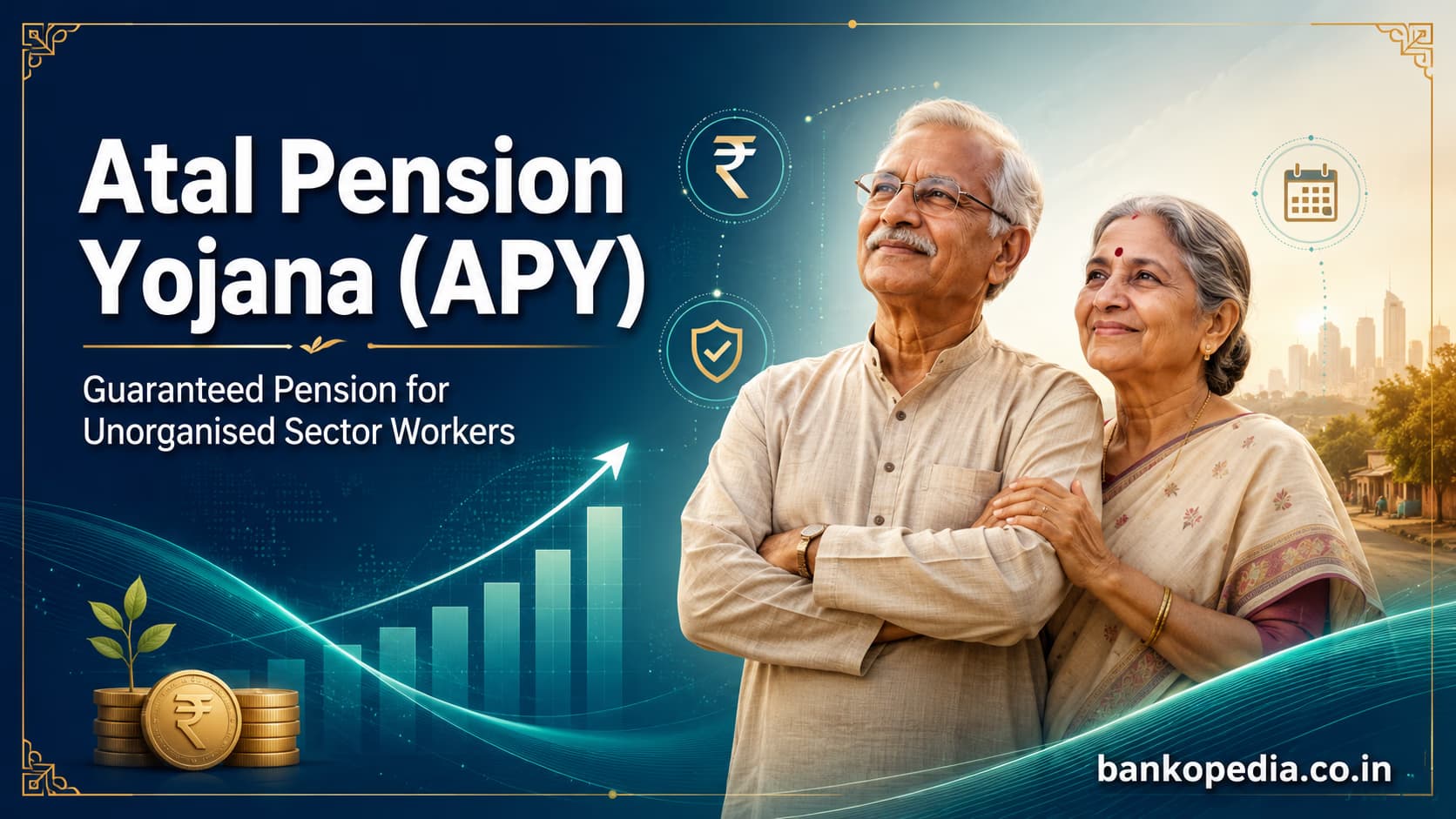 Atal Pension Yojana APY hero banner showing an elderly Indian couple with pension coins, rupee symbol, shield, calendar, and financial growth charts, representing guaranteed pension security for unorganised sector workers in India.