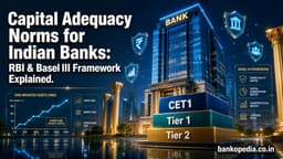 Cinematic finance hero image showing a modern glass bank building, CET1, Tier 1 and Tier 2 capital blocks, risk-weighted asset graphs, shield icons, and Basel III framework visuals explaining capital adequacy norms for Indian banks.