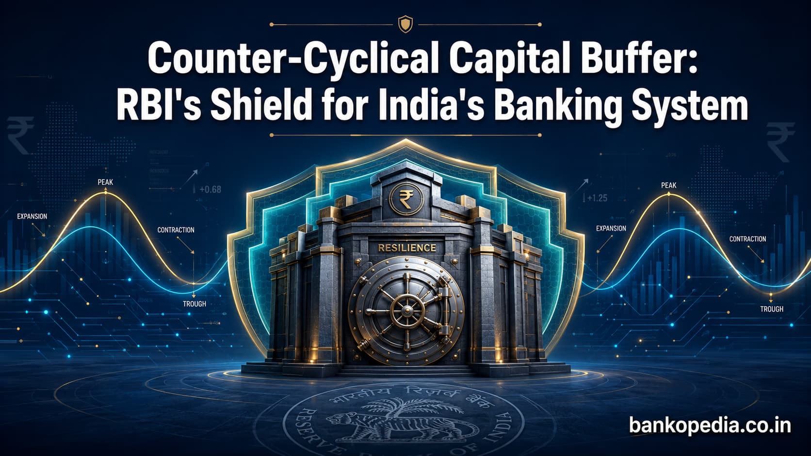 Professional hero image showing a fortified bank vault protected by teal and gold shields, representing the Counter-Cyclical Capital Buffer as RBI’s safeguard for India’s banking system against economic boom-bust cycles.