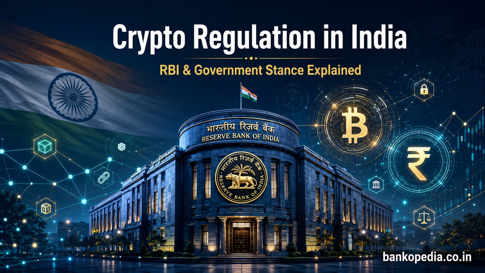 Hero image showing the Reserve Bank of India with blockchain nodes, Bitcoin and rupee symbols, and an Indian flag background, illustrating crypto regulation in India and the RBI-government stance.