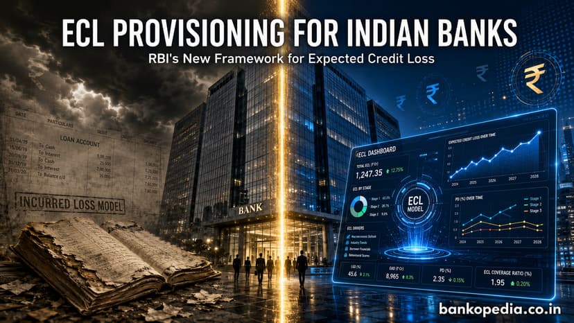 Cinematic illustration of ECL provisioning for Indian banks, showing RBI’s expected credit loss framework with old incurred loss model on one side and modern digital risk dashboard on the other.