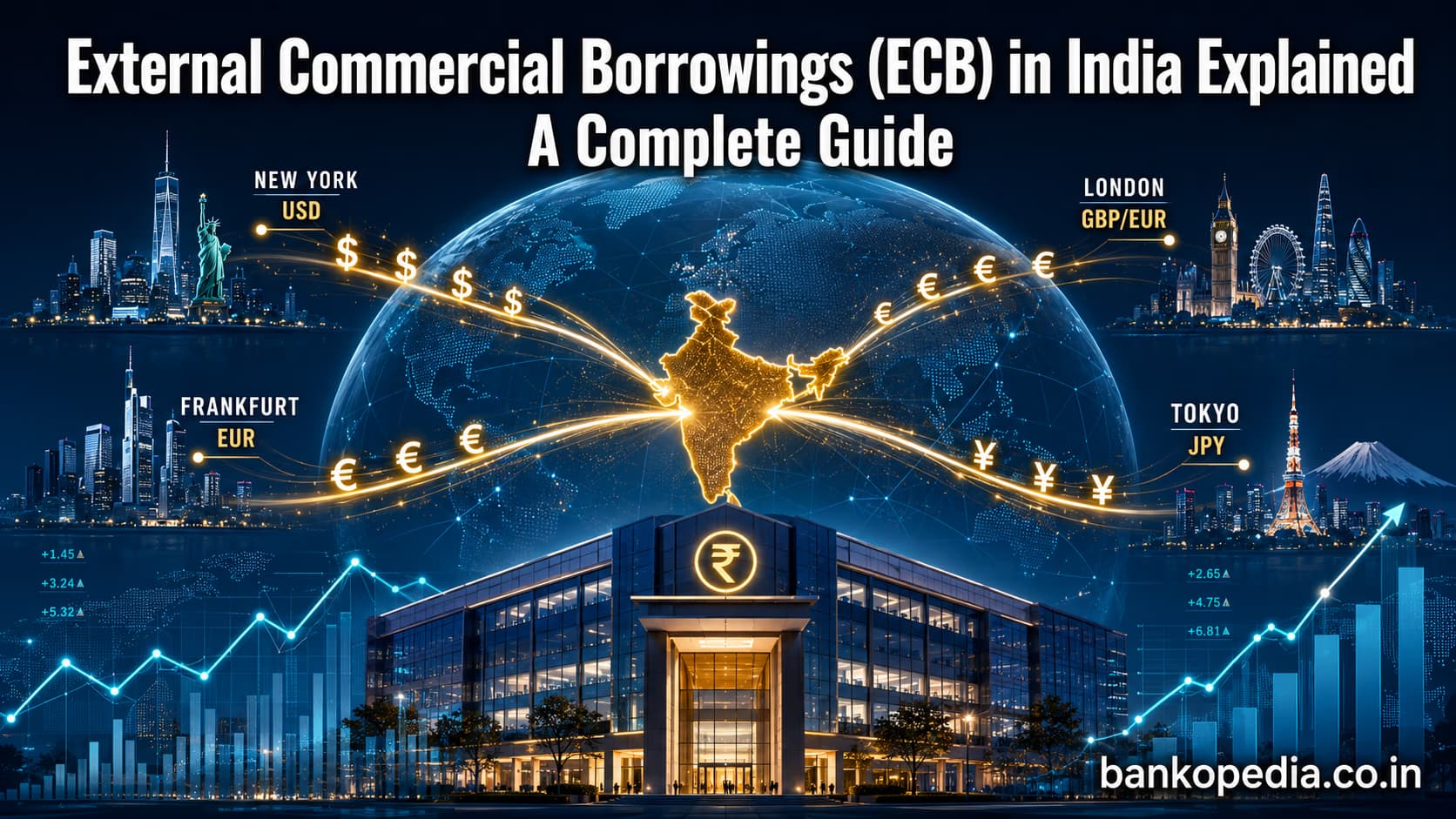 Hero image showing global financial hubs such as New York, London, Tokyo, and Frankfurt connected to India through glowing capital flow lines, explaining External Commercial Borrowings in India.