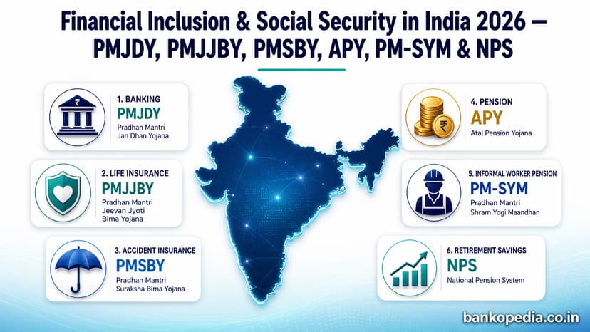 Illustration of India’s financial inclusion and social security schemes in 2026, featuring PMJDY, PMJJBY, PMSBY, APY, PM-SYM and NPS around a glowing map of India.