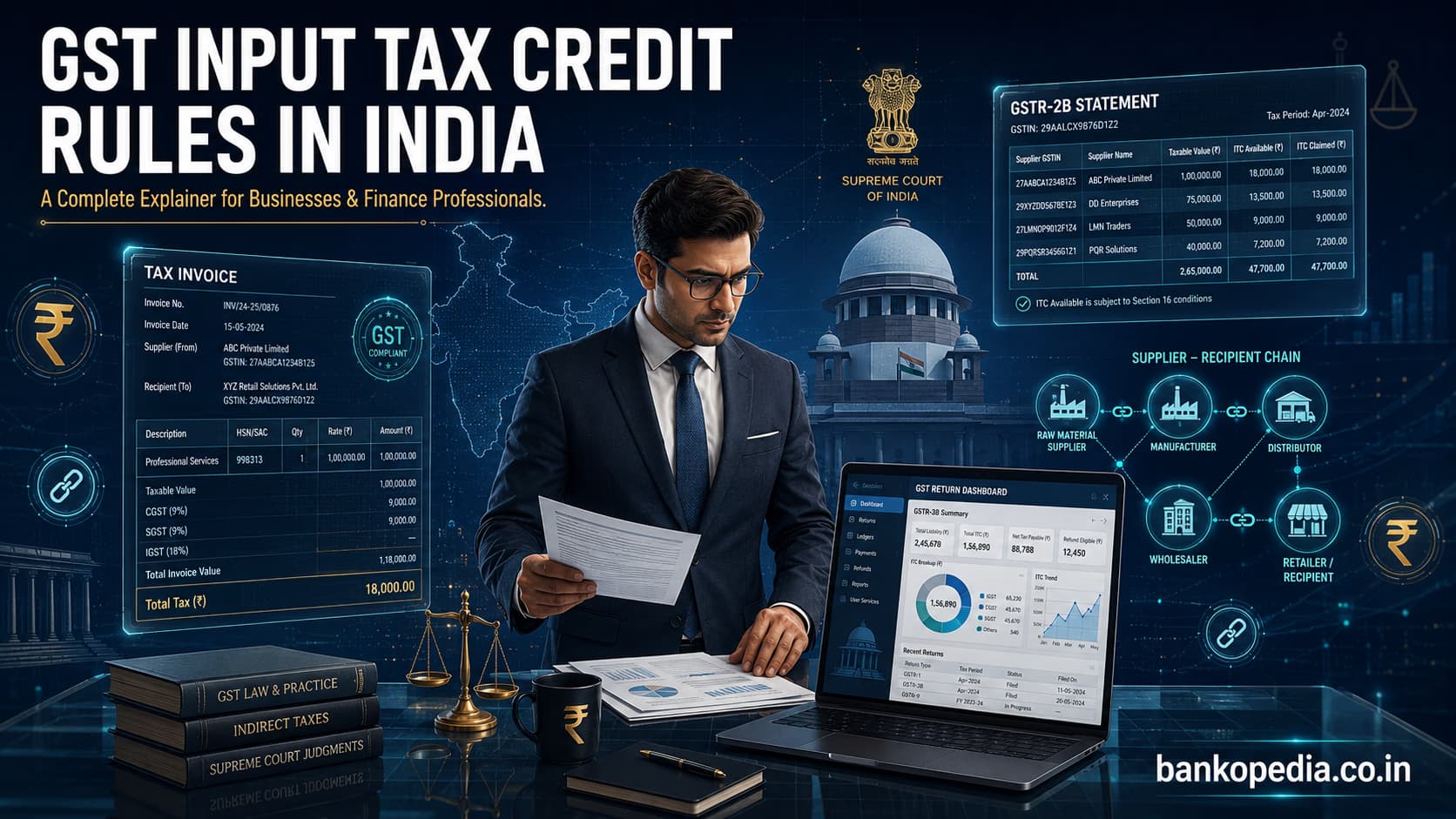 Cinematic illustration explaining GST input tax credit rules in India, featuring GST invoice data, GSTR-2B statement, supplier-recipient chain, Supreme Court reference, and finance professional reviewing GST returns.