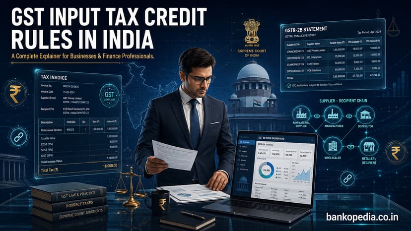 Cinematic illustration explaining GST input tax credit rules in India, featuring GST invoice data, GSTR-2B statement, supplier-recipient chain, Supreme Court reference, and finance professional reviewing GST returns.