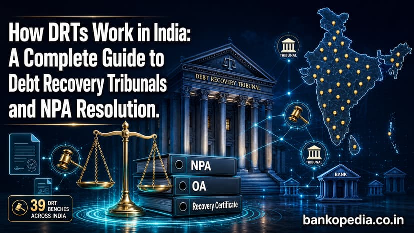 Cinematic hero image showing a Debt Recovery Tribunal courthouse, scales of justice, NPA recovery files, legal documents, gavel icons, bank network lines, and an India map with tribunal location dots for an article on how DRTs work in India