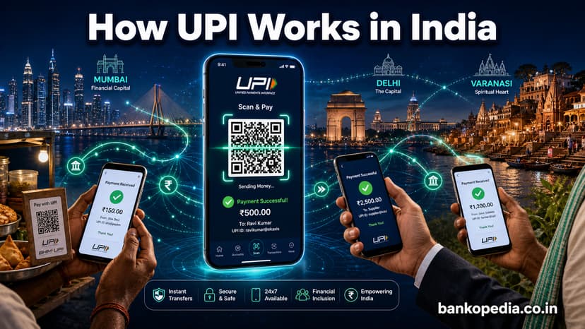 Hero image showing how UPI works in India, with a central smartphone scanning a UPI QR code, digital payment flows connecting Mumbai, Delhi, and Varanasi, and diverse users including a street vendor, corporate professional, and farmer using mobile payments.