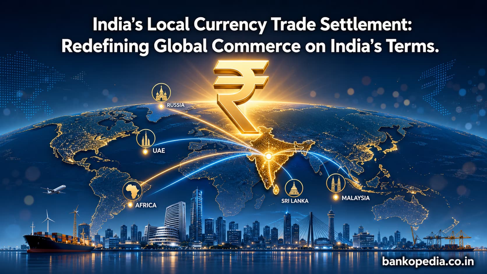 India local currency trade settlement hero image showing Indian Rupee symbol rising over world map with trade routes connecting India to UAE Russia Malaysia and Africa — bankopedia.co.in