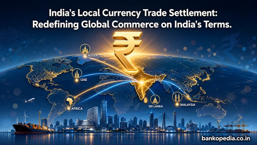 India local currency trade settlement hero image showing Indian Rupee symbol rising over world map with trade routes connecting India to UAE Russia Malaysia and Africa — bankopedia.co.in