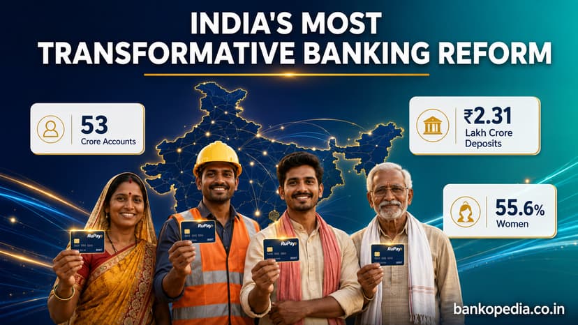 Diverse Indians holding RuPay debit cards in front of a digital India map, highlighting financial inclusion through 53 crore accounts, ₹2.31 lakh crore deposits, and 55.6% women beneficiaries.
