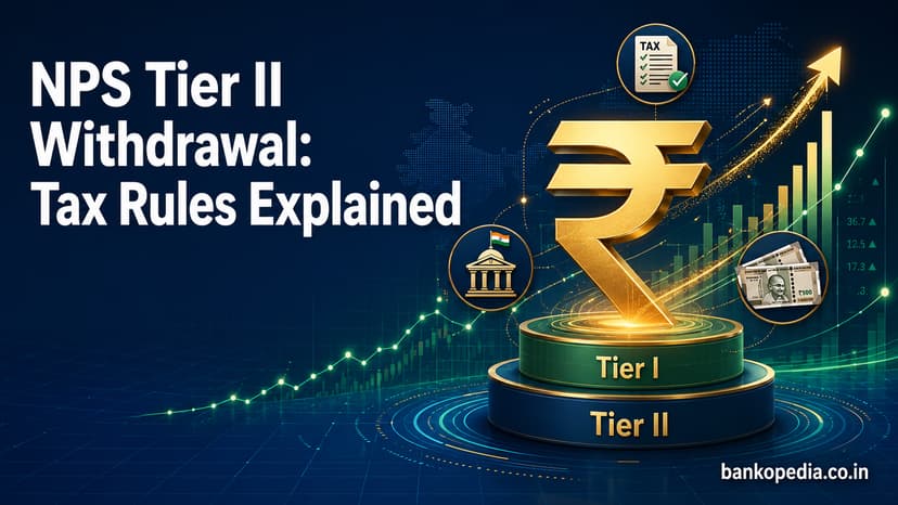 Hero banner showing a golden rupee symbol on Tier I and Tier II pension fund layers, with tax documents, government building, currency notes, data streams, and growth charts explaining NPS Tier II withdrawal tax rules.
