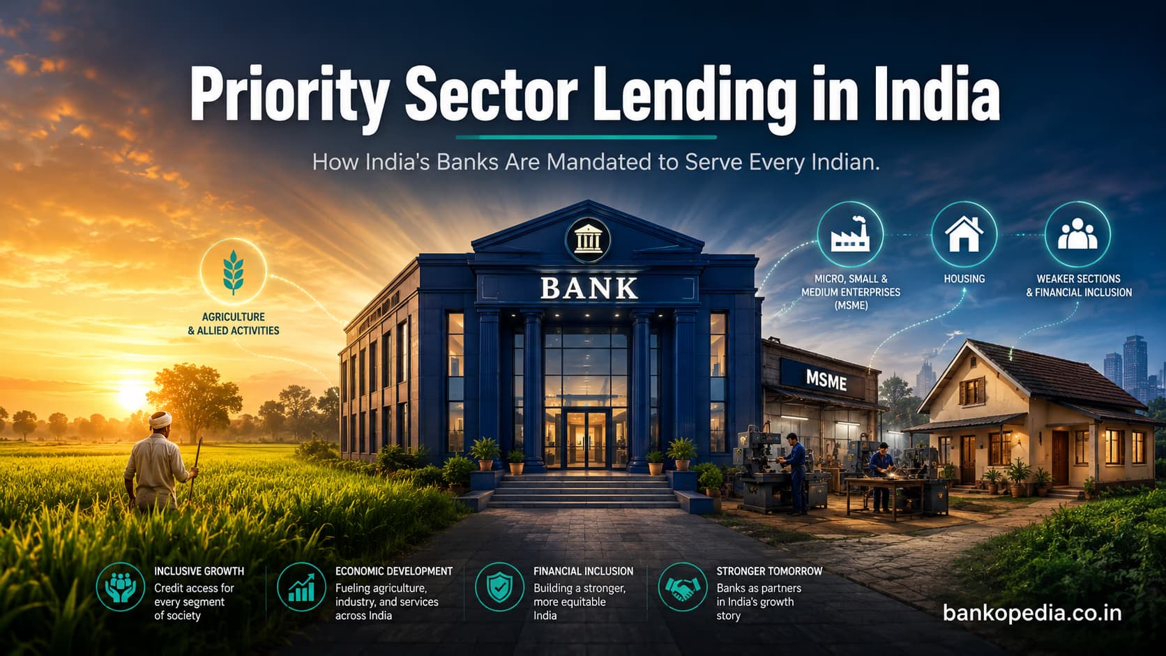 Cinematic hero image showing India’s priority sector lending framework with a modern bank connecting agriculture, MSMEs, housing, weaker sections, and financial inclusion.