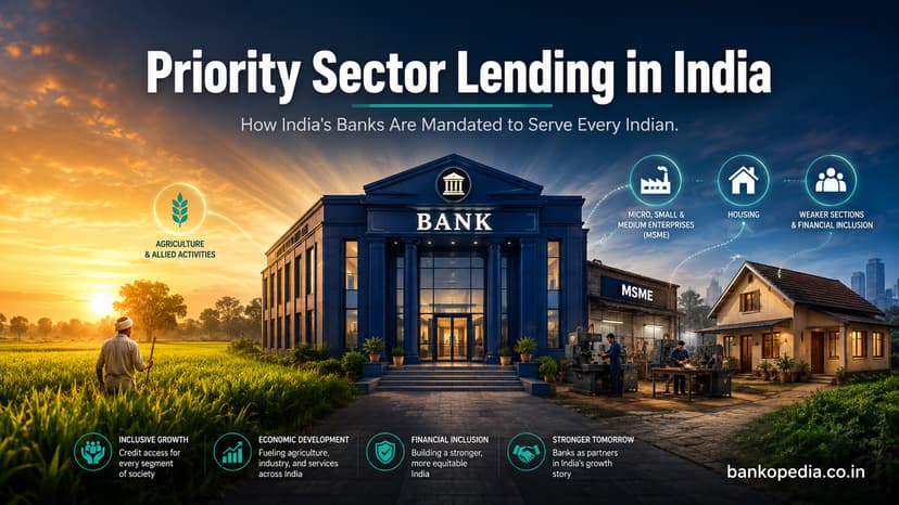 Cinematic hero image showing India’s priority sector lending framework with a modern bank connecting agriculture, MSMEs, housing, weaker sections, and financial inclusion.