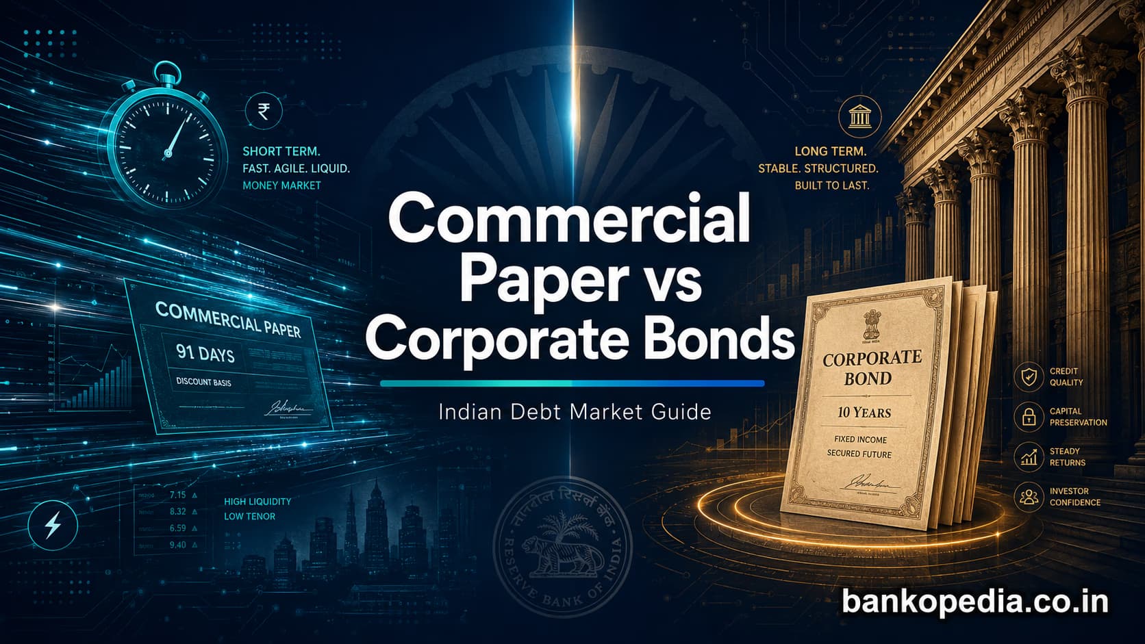 Professional finance hero image comparing Commercial Paper and Corporate Bonds in India, showing short-term money market instruments with teal digital data streams and long-term corporate bonds with gold architectural banking elements.