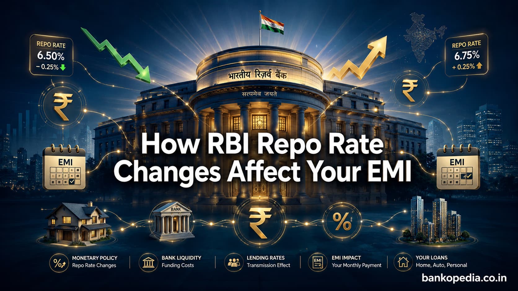 Cinematic infographic showing an RBI-style building with repo rate arrows, rupee symbols, EMI calendars, home loan icons, and the headline How RBI Repo Rate Changes Affect Your EMI.