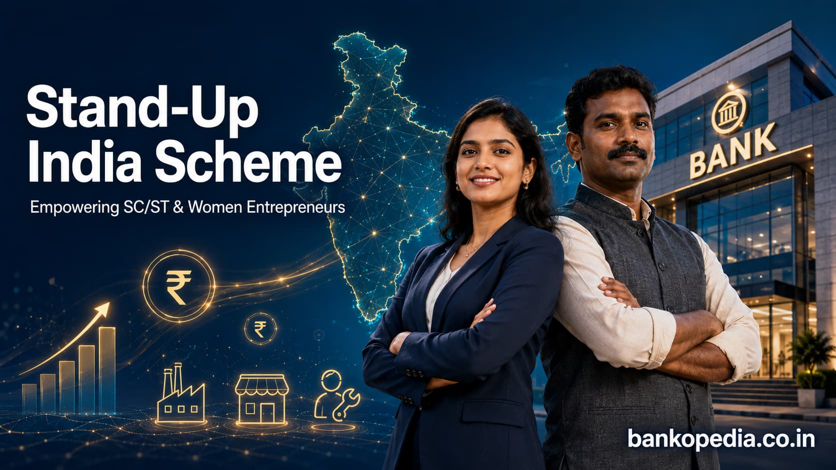 Stand-Up India Scheme empowering SC/ST and women entrepreneurs with bank finance, business growth, and financial inclusion in India.