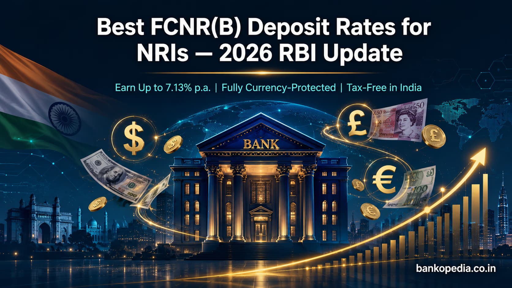 Best FCNR(B) deposit rates for NRIs in 2026 with RBI update, currency protection, tax-free India benefits, and global currency visuals.