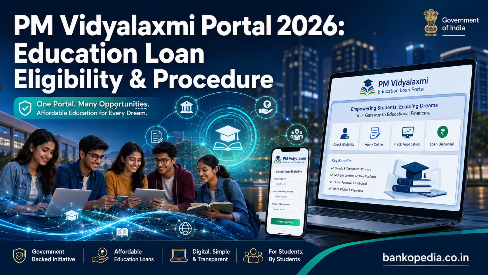 Young Indian students using the PM Vidyalaxmi Portal 2026 on laptop and mobile to check education loan eligibility and application procedure.