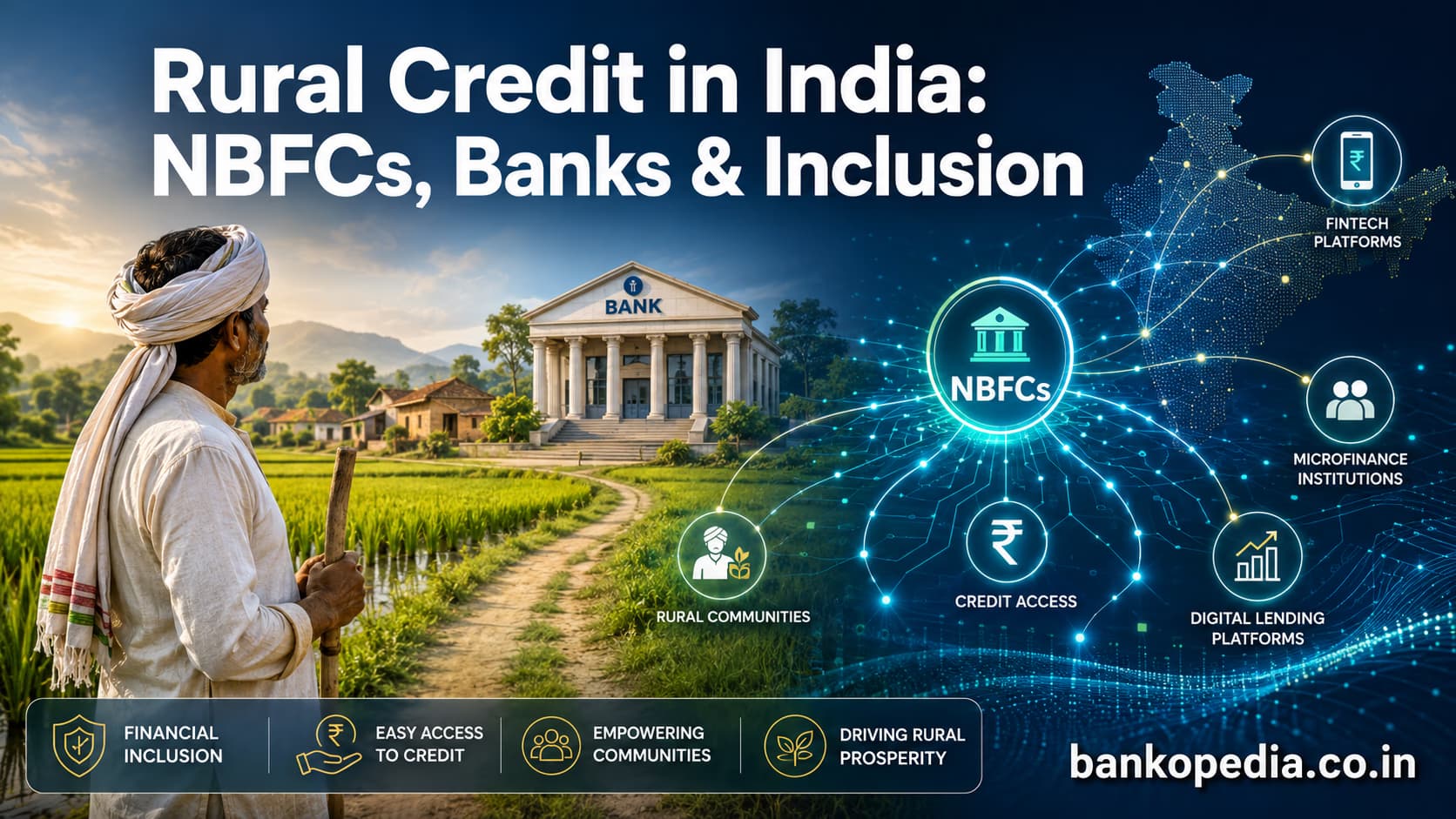Rural Indian farmer facing a bank as NBFC, fintech and microfinance networks expand digital credit and financial inclusion across India.
