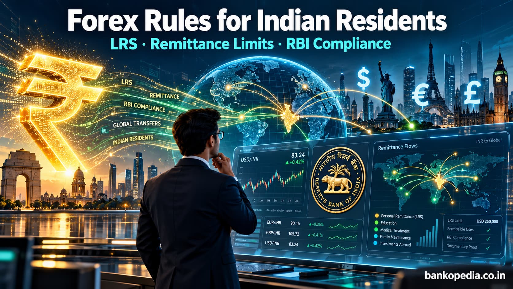 Indian professional viewing a forex dashboard with rupee and global currency symbols, illustrating LRS remittance limits and RBI compliance.