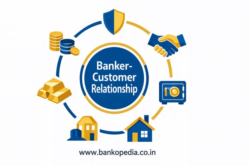 Types of banker customer relationship infographic showing debtor creditor trustee agent lessor mortgago