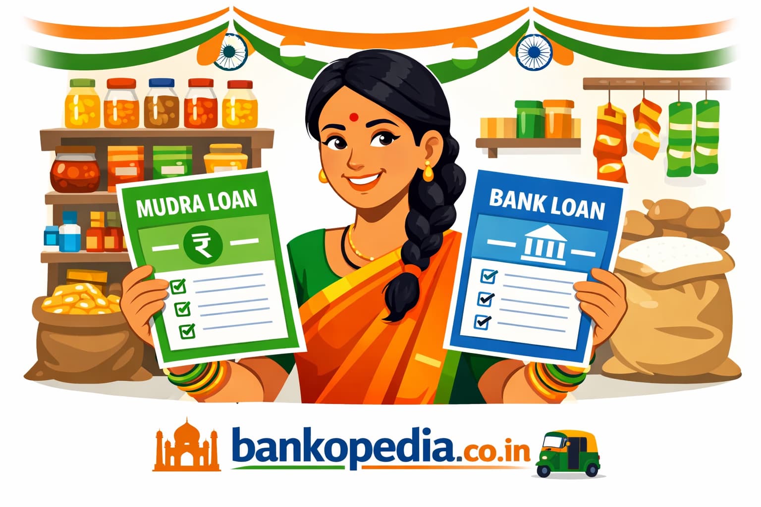 Mudra Loan vs Bank Loan comparison illustration of an Indian woman shopkeeper in a Mumbai kirana store holding green Mudra loan paper and blue bank loan paper (bankopedia.co.in).