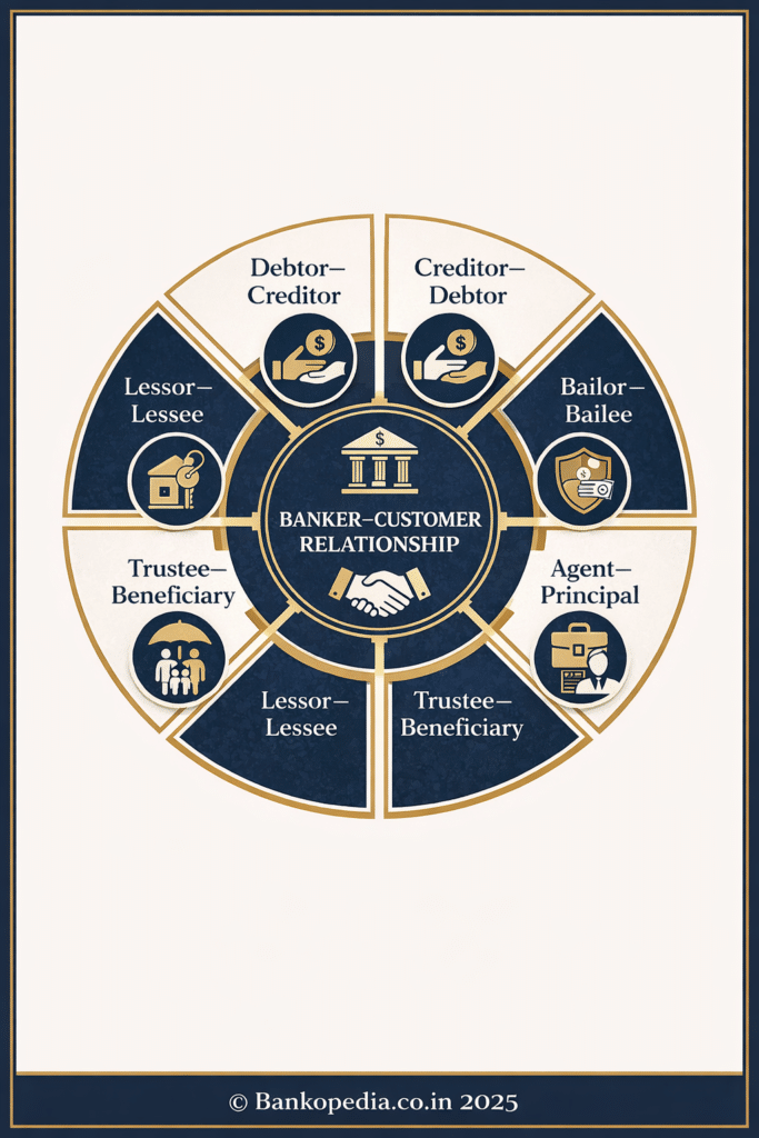 Banker Customer Relationship: A Comprehensive 2025 Guide 1 Infographic Wheel Diagram Showing Six Types Of Banker Customer Relationships —Debtor–Creditor, Creditor–Debtor, Bailor–Bailee, Agent–Principal, Trustee–Beneficiary, And Lessor–Lessee—Around A Central “Banker–Customer Relationship” Hub In Navy And Gold (Bankopedia.co.in).