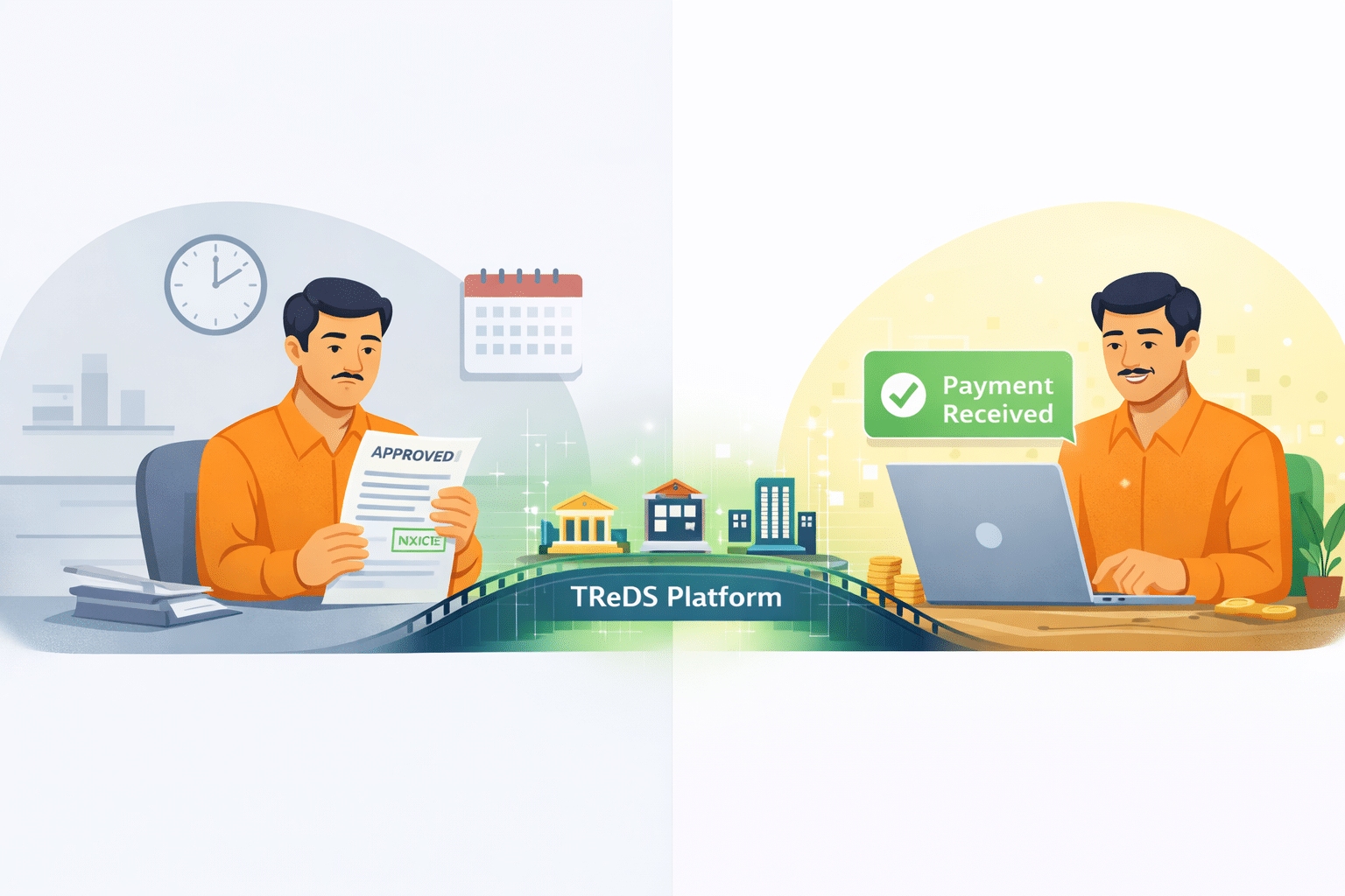 Bankopedia 4 Split Illustration Of An Indian Msme Owner Waiting For Invoice Payment On The Left And Receiving “Payment Received” On The Right, Connected By The Treds Platform.