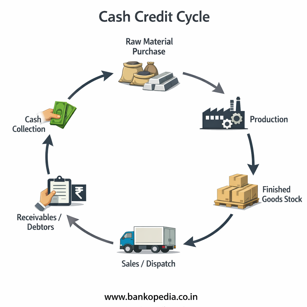 Working Capital Finance For Msmes: Cc, Od, And Bill Discounting Explained 1 Cash Credit Cycle Infographic Showing Msme Working Capital Stages: Raw Material Purchase, Production, Finished Goods Stock, Sales/Dispatch, Receivables/Debtors, And Cash Collection.