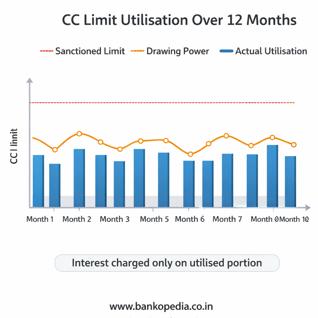 Working Capital Finance For Msmes: Cc, Od, And Bill Discounting Explained 2 Cc Limit Utilisation Chart Over 12 Months Showing Sanctioned Limit Line, Drawing Power Line, And Actual Utilisation Bars—Interest Charged Only On Utilised Portion.