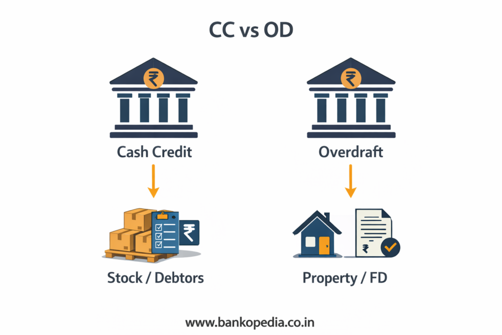 Working Capital Finance For Msmes: Cc, Od, And Bill Discounting Explained 3 Cc Vs Od Comparison For Working Capital Finance For Msmes, Showing Cash Credit Backed By Stock/Debtors And Overdraft Backed By Property/Fd.