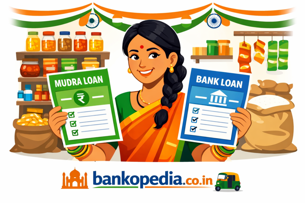 Mudra Loan vs Bank Loan comparison illustration of an Indian woman shopkeeper in a Mumbai kirana store holding green Mudra loan paper and blue bank loan paper (bankopedia.co.in).