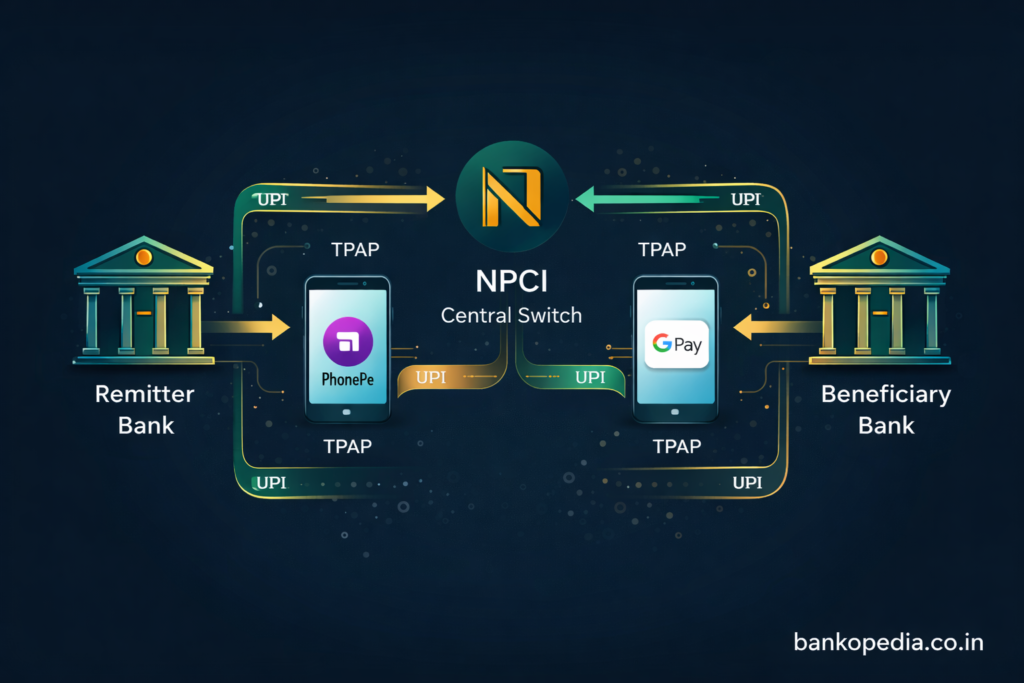 Fintech In India: Complete Guide To Digital Banking Revolution 2026 1 Upi Transaction Flow Architecture Showing Remitter Bank, Npci Switch, And Beneficiary Bank For Jaiib Exam Preparation